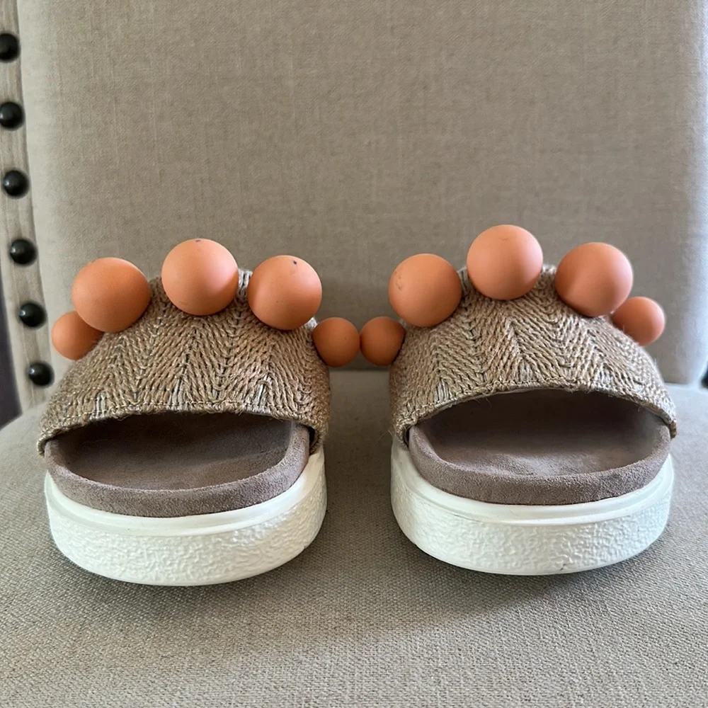 Inuikii Women’s Raffia Pearl Bauble Slides Slip On Sandals Cream Coral 6.5-7